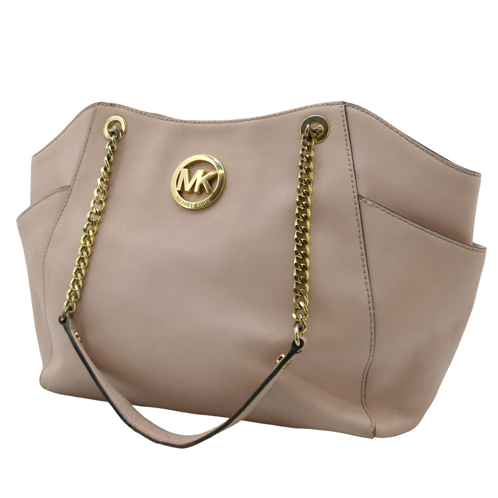 VTG Michael Kors Shoulder Tote Bag Beige Saffiano Leather Gold Chain Hardware